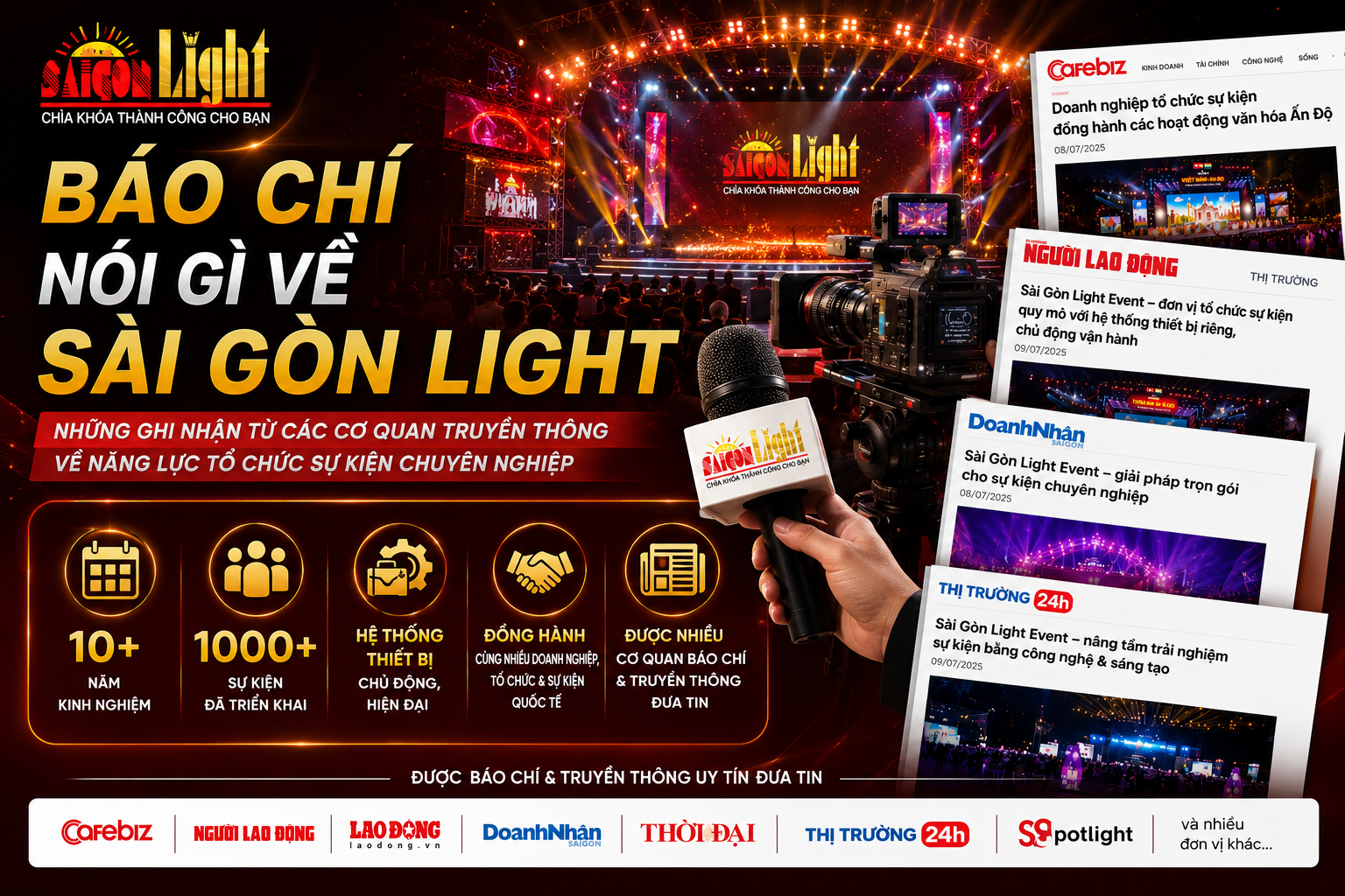 Báo chí nói gì về Sài Gòn Light – Thương hiệu tổ chức sự kiện chuyên nghiệp tại TP.HCM Hình ảnh đại diện chuyên mục Báo chí nói gì về Sài Gòn Light, tổng hợp những bài viết và ghi nhận từ các cơ quan báo chí về năng lực tổ chức sự kiện, cung cấp thiết bị sự kiện, triển khai lễ khai trương, khởi công, động thổ, hội nghị và các chương trình văn hóa quy mô lớn của Sài Gòn Light.
